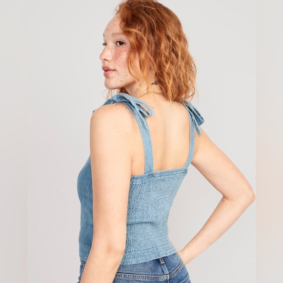 NWT! Light Wash Fitted Tie-Shoulder Cropped Jean Corset Cami Top - Multiple Size - Picture 4 of 8